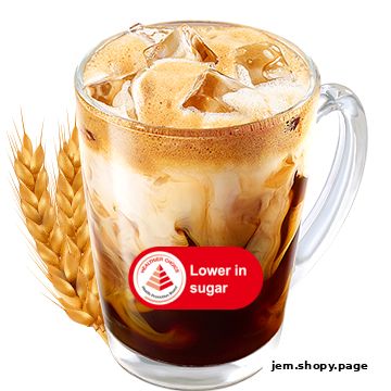 A refreshing iced coffee with cream and wheat stalks, labeled 'Lower in sugar'.