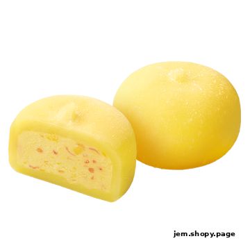 Two yellow mochi desserts, one whole and one cut in half, revealing a creamy filling.