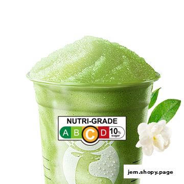 A refreshing green beverage with a Nutri-Grade label and a jasmine flower.