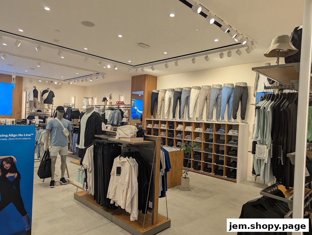 Interior view of a lululemon store showcasing athletic apparel on mannequins and shelves.