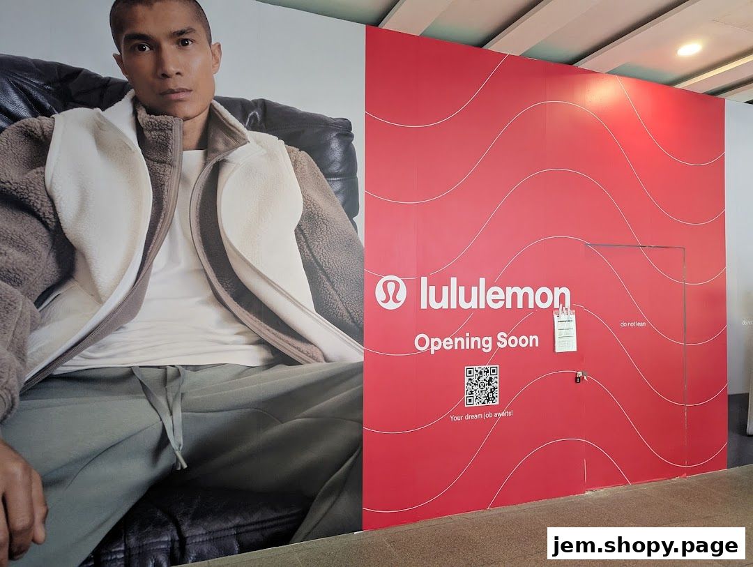 Lululemon store under construction with 'Opening Soon' signage and a model wearing athletic apparel.