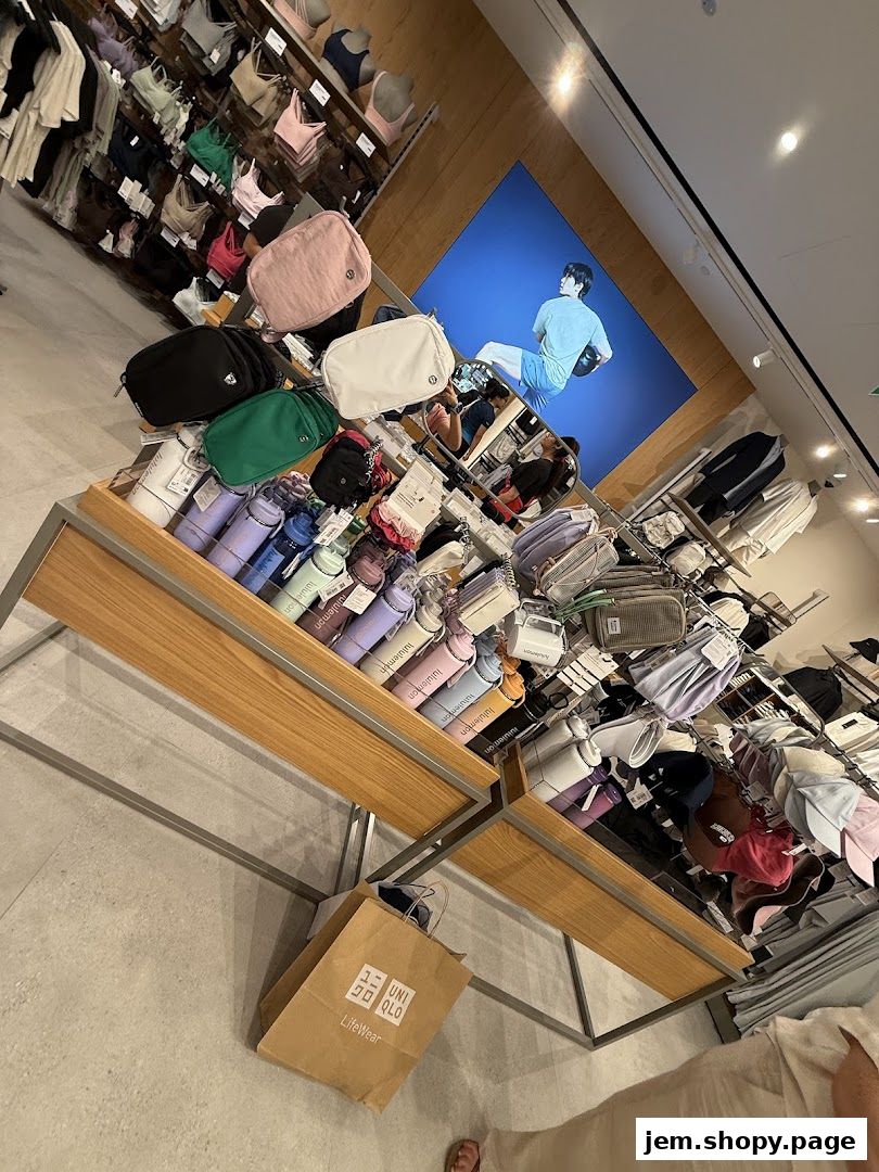 Interior view of a lululemon store showcasing bags, water bottles, and apparel.