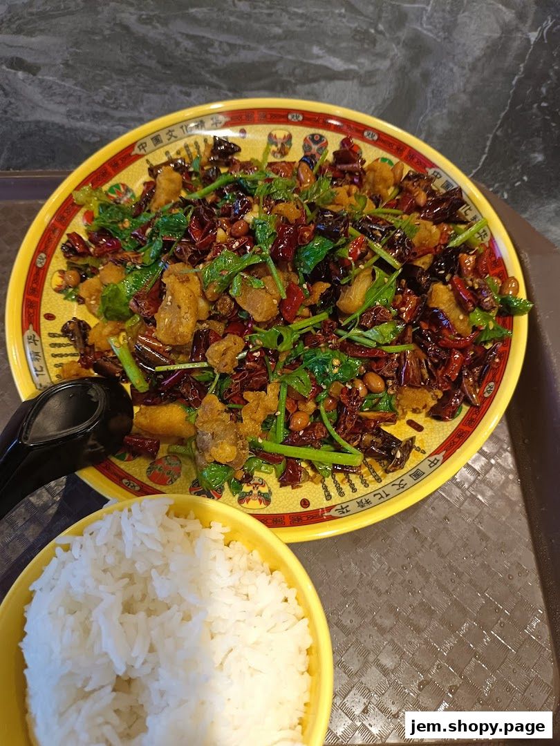 A plate of spicy mala chicken with dried chilies and a bowl of white rice.