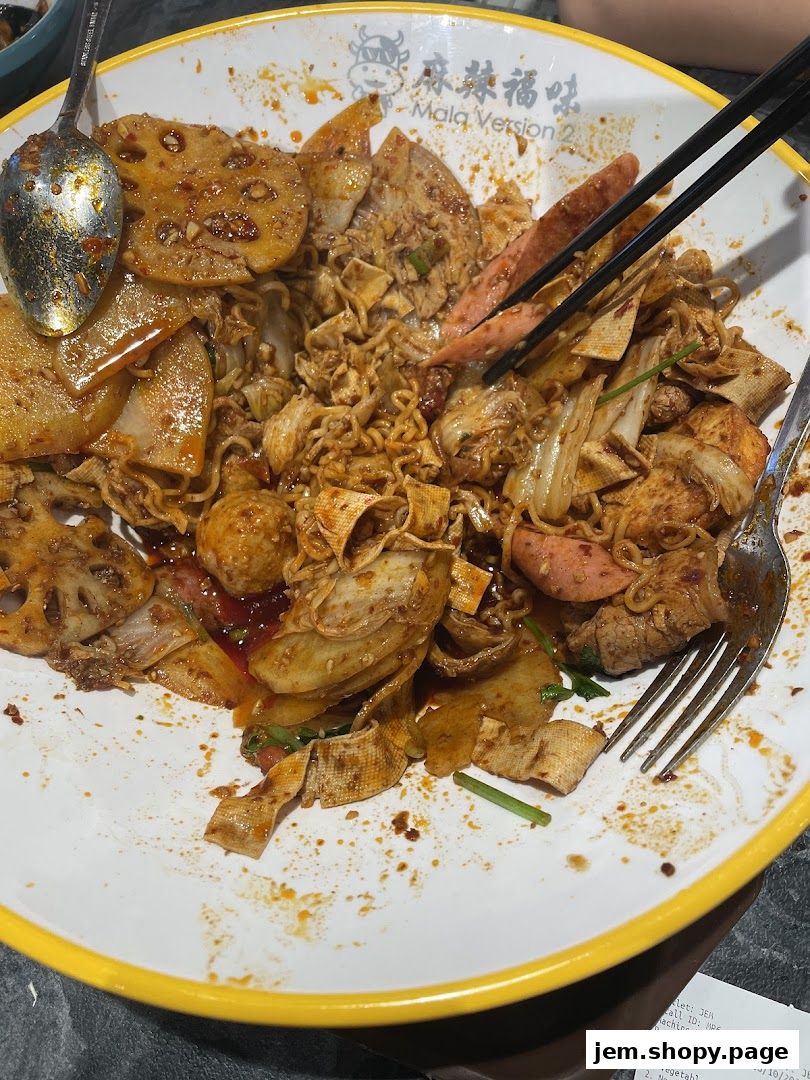 A close-up of a large bowl of Mala Version 2, filled with noodles, lotus root, and other ingredients.