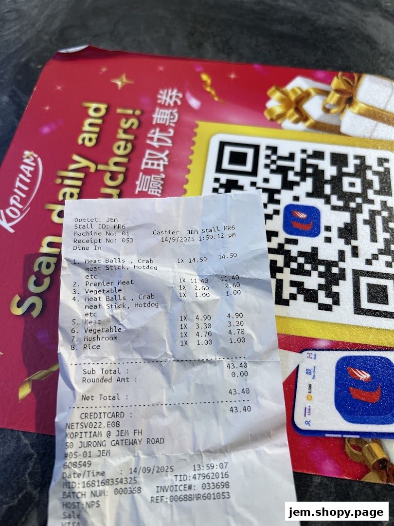 A receipt from Kopitiam Mala Version 2 showing food items and prices.