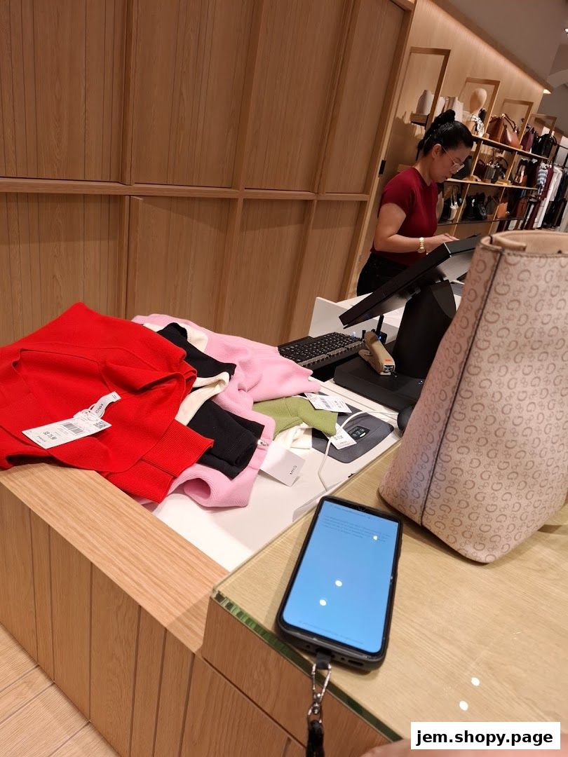 A cashier at MANGO store is attending to a customer at the checkout counter.