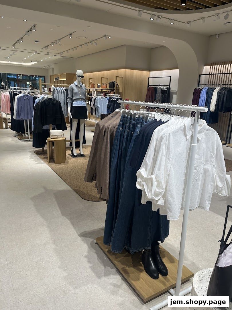 Interior view of a MANGO clothing store with mannequins and racks of apparel.
