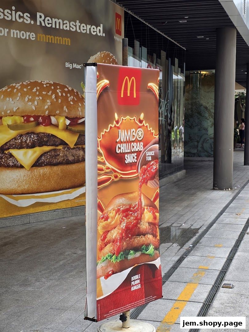 A McDonald's promotional banner displays a Jumbo Chilli Crab Burger and a Double Prawn Burger.