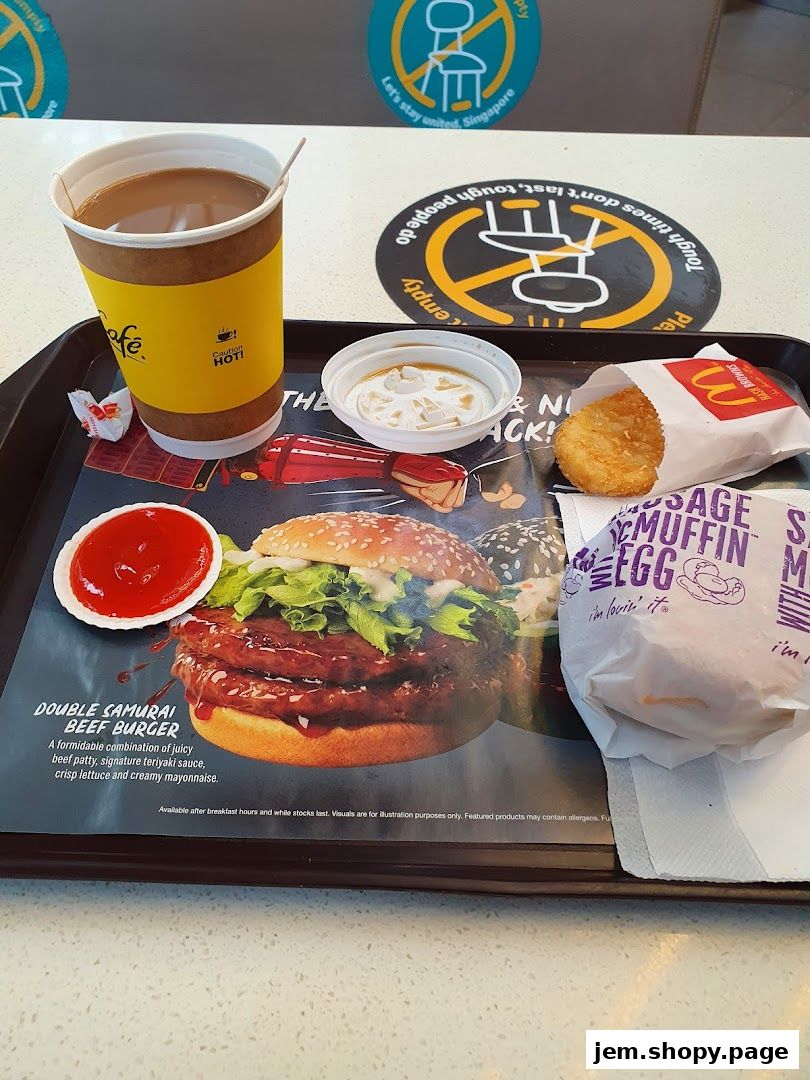 A tray of McDonald's food including a burger, hash brown, coffee, and sauce.