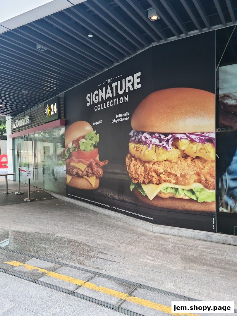 McDonald's exterior with a large advertisement for 'The Signature Collection' burgers.