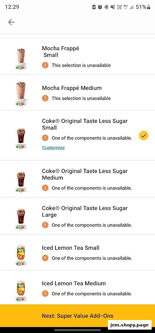 A screenshot of a McDonald's menu showing unavailable items.