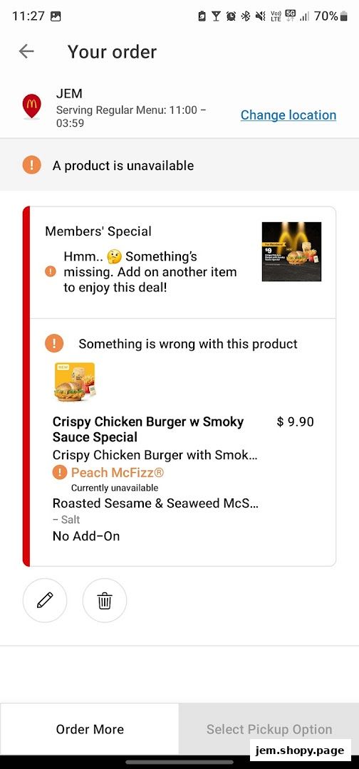 McDonald's JEM order screen showing unavailable items and a special offer.