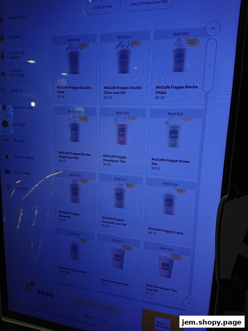 A digital menu displaying various McCafé drinks, most of which are marked as sold out.