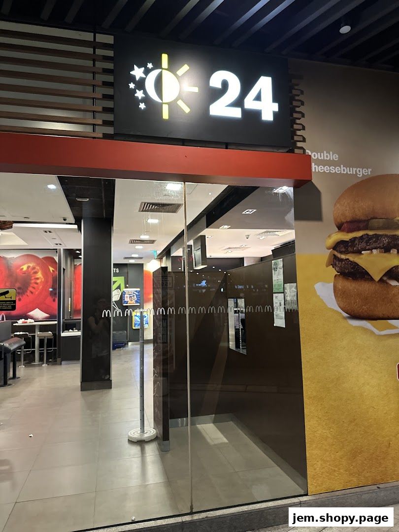 Exterior view of a McDonald's restaurant with a 24-hour sign and a large burger advertisement.