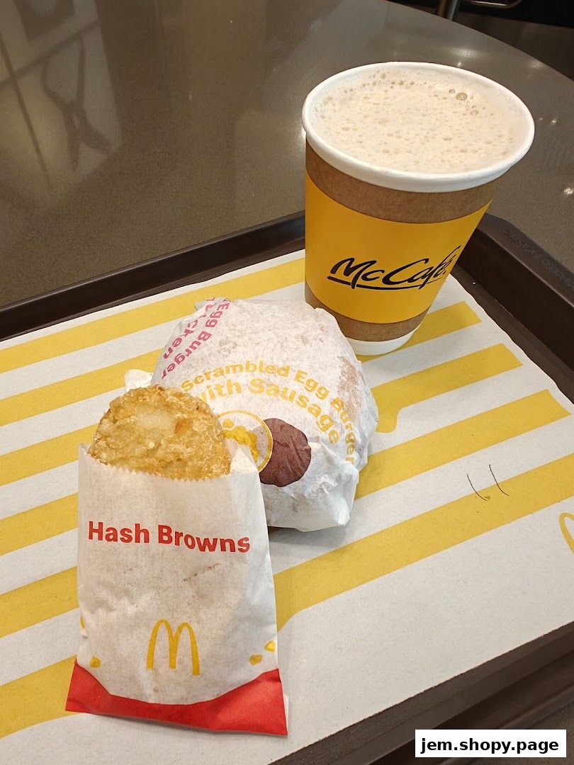 A McDonald's McCafe coffee with a sausage egg burger and hash browns on a tray.