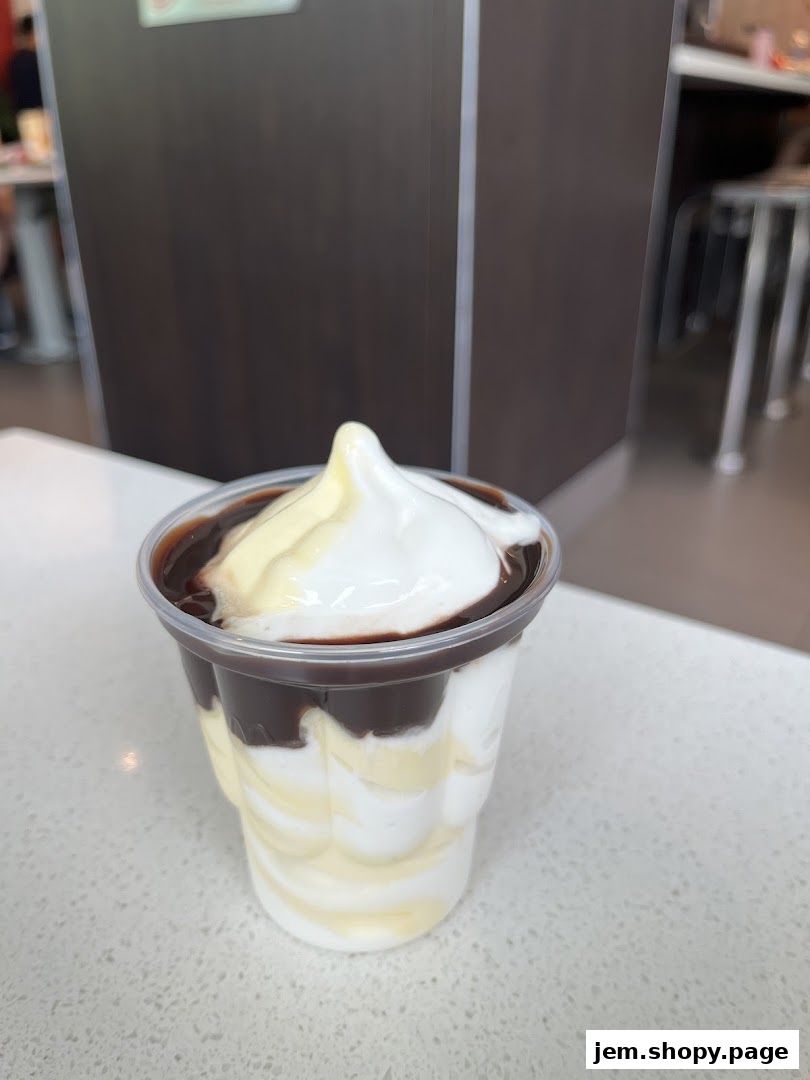 A close-up of a McDonald's sundae with vanilla soft serve and chocolate sauce.