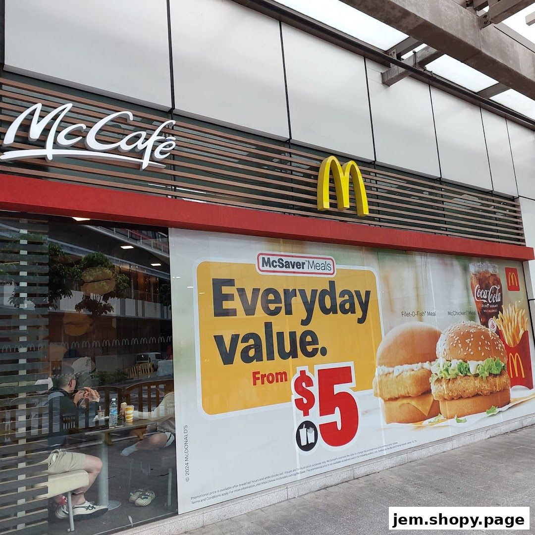 Exterior of a McDonald's restaurant featuring McCafe and a large advertisement for McSaver Meals.
