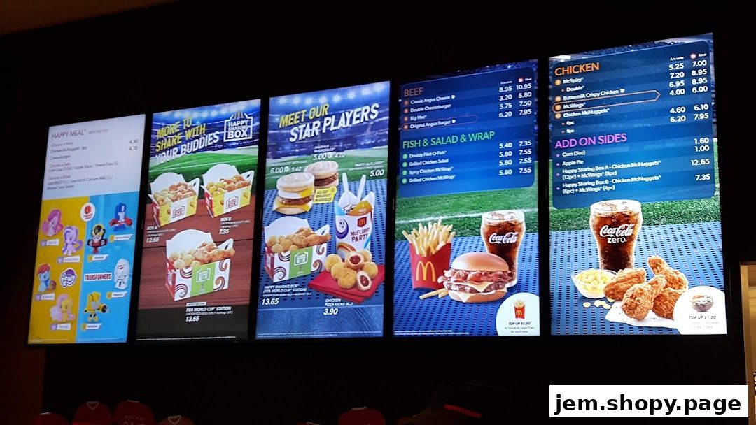 A digital menu board displaying various McDonald's food items and prices.