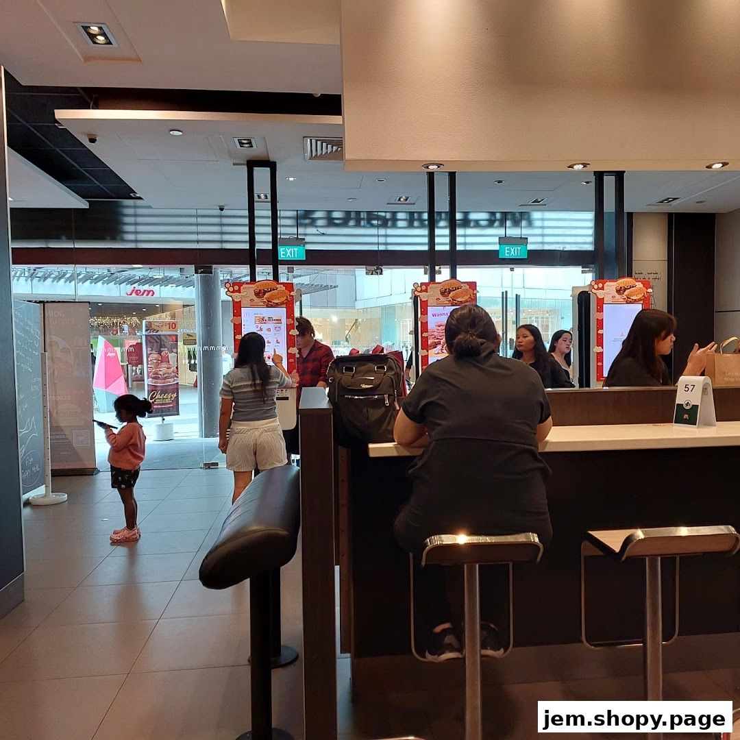 People ordering and waiting at a McDonald's counter with digital menus visible.