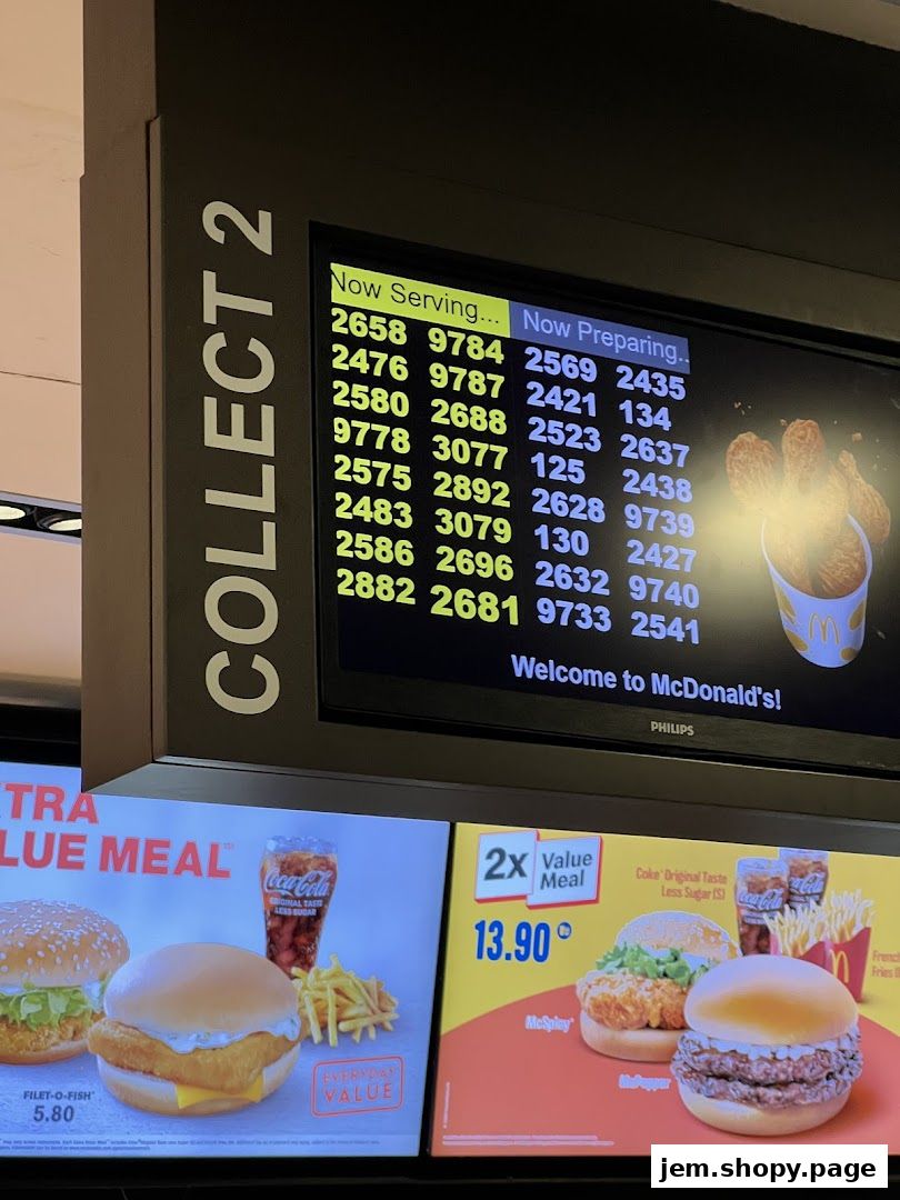 McDonald's order screen showing 'Now Serving' and 'Now Preparing' numbers, with menu displays below.