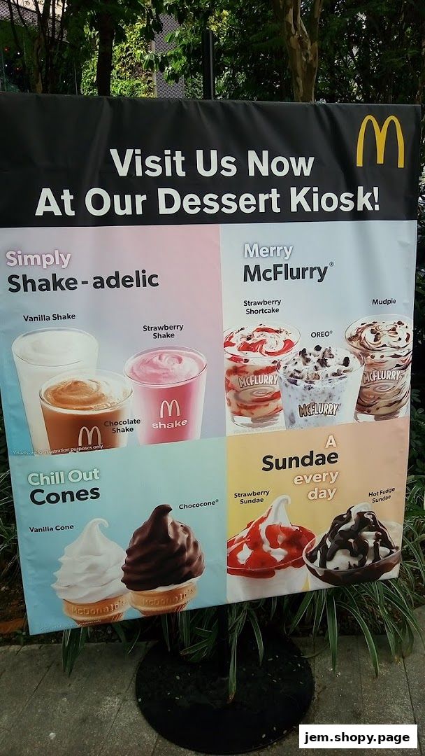 A McDonald's dessert kiosk menu featuring shakes, McFlurries, cones, and sundaes.