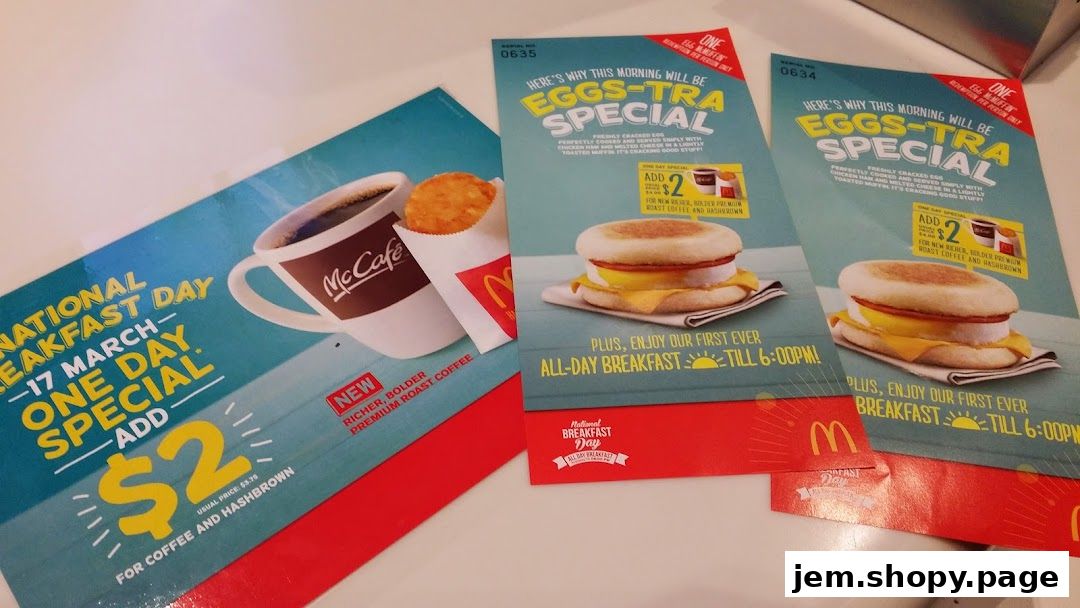 McDonald's flyers advertising breakfast specials and all-day breakfast.