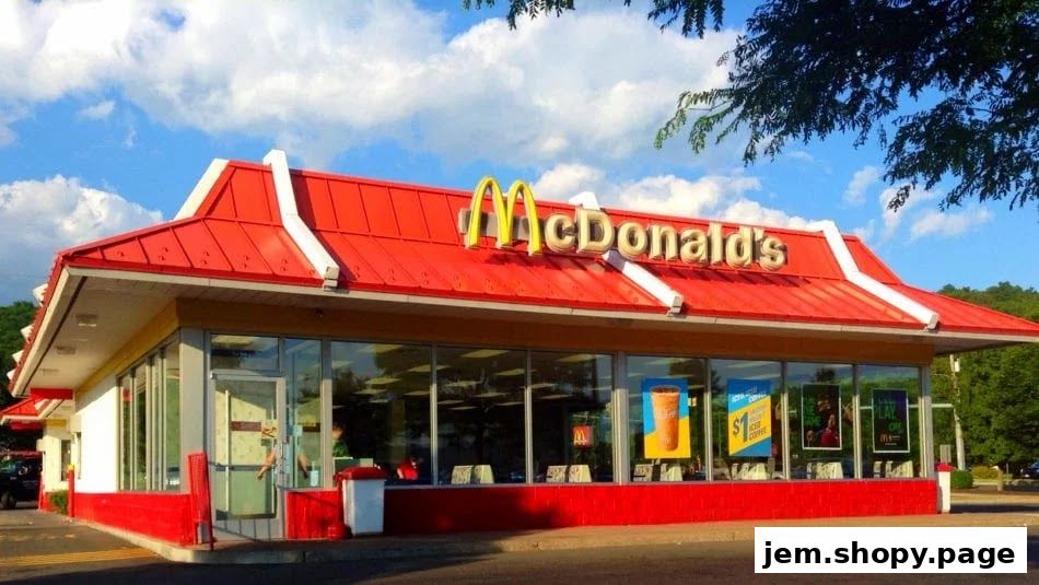 Exterior view of a McDonald's restaurant with a red roof and large windows.