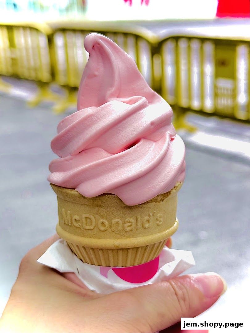 A hand holds a pink soft-serve ice cream cone from McDonald's.