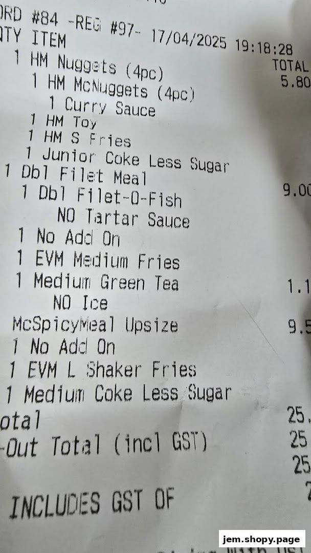 A receipt from McDonald's showing a list of food items and their prices.