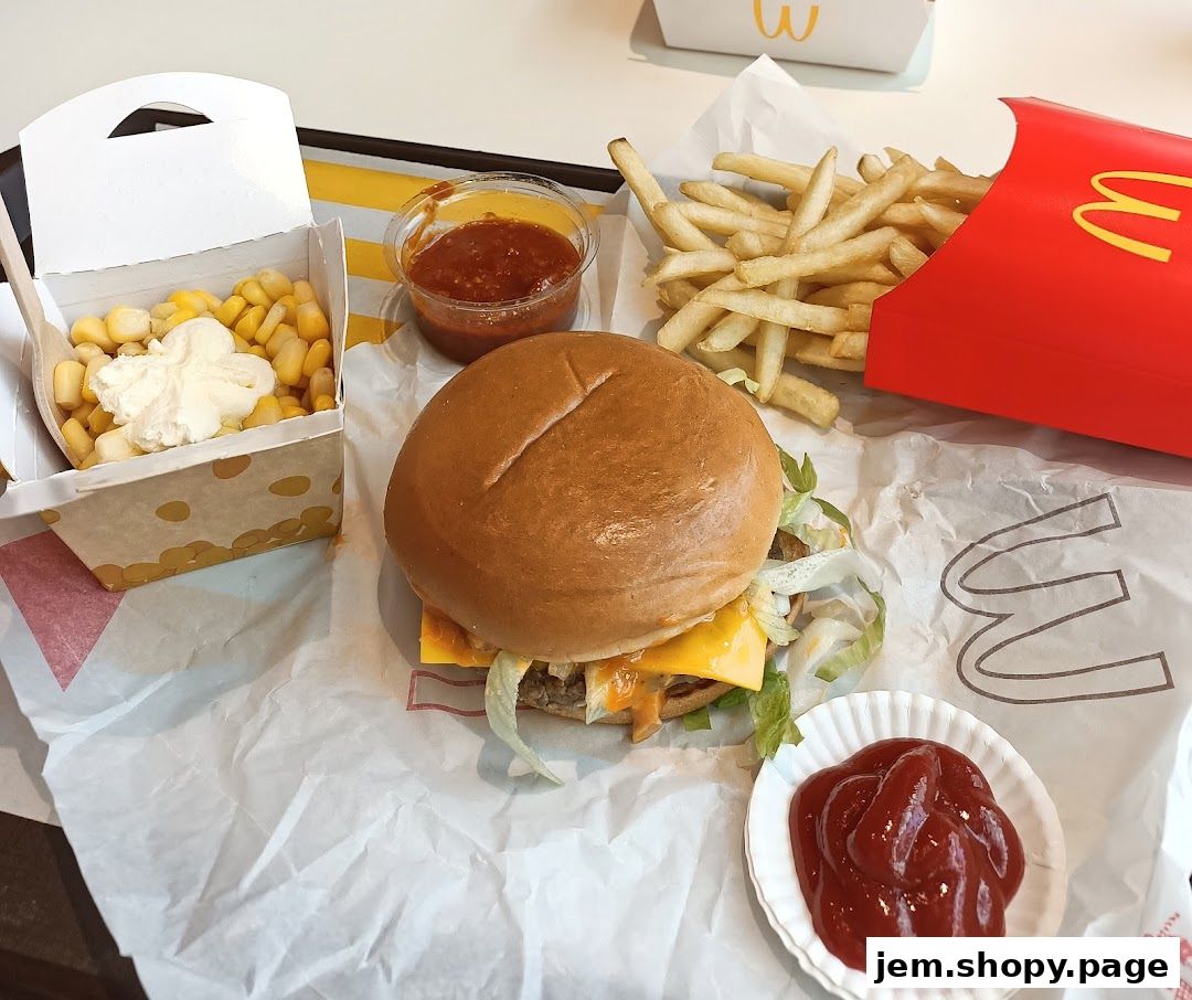 A McDonald's meal featuring a burger, fries, corn with cream, and dipping sauces.