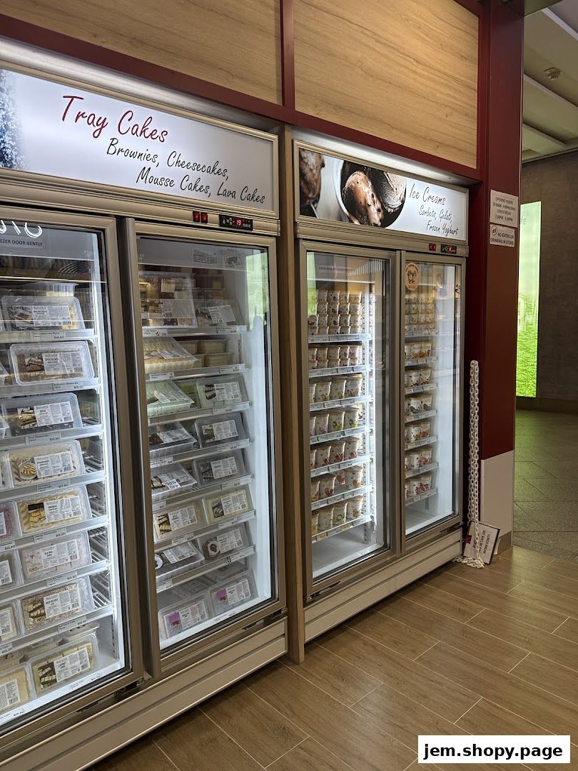 Refrigerated display cases filled with various cakes and ice cream products.