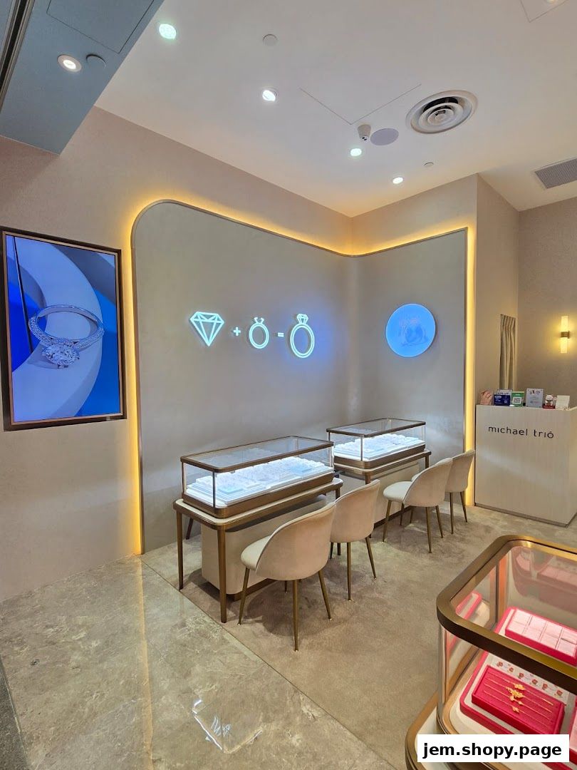 Interior of a jewelry store with display cases, seating, and branding.
