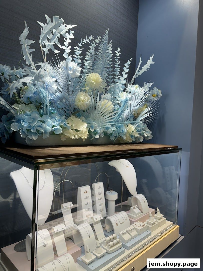 A jewelry display case filled with necklaces, rings, and earrings, adorned with a floral arrangement.