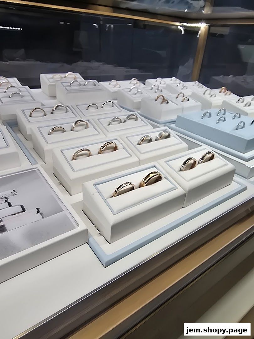 A display case filled with various rings, showcasing different styles and metals.