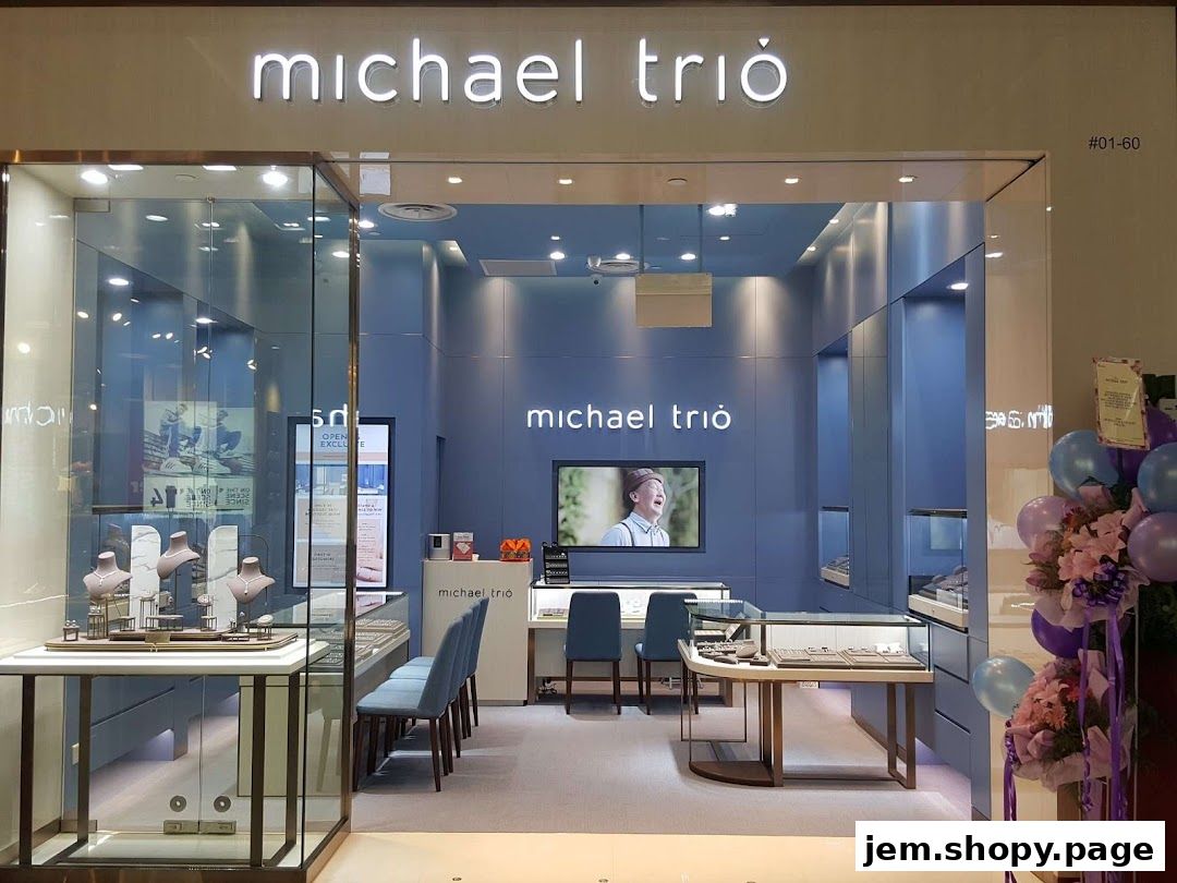 The exterior of Michael Trio Jem Showroom, a jewelry store, with displays visible through the glass.