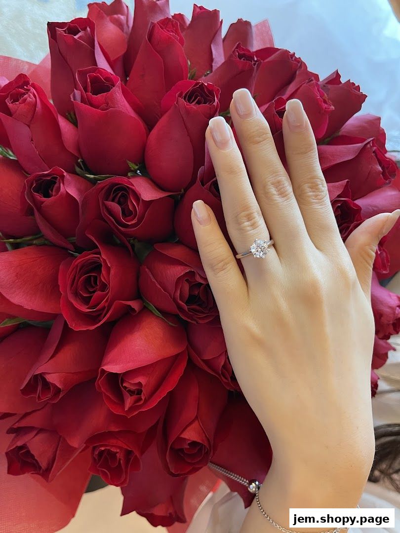 A hand with a diamond ring rests on a bouquet of red roses.