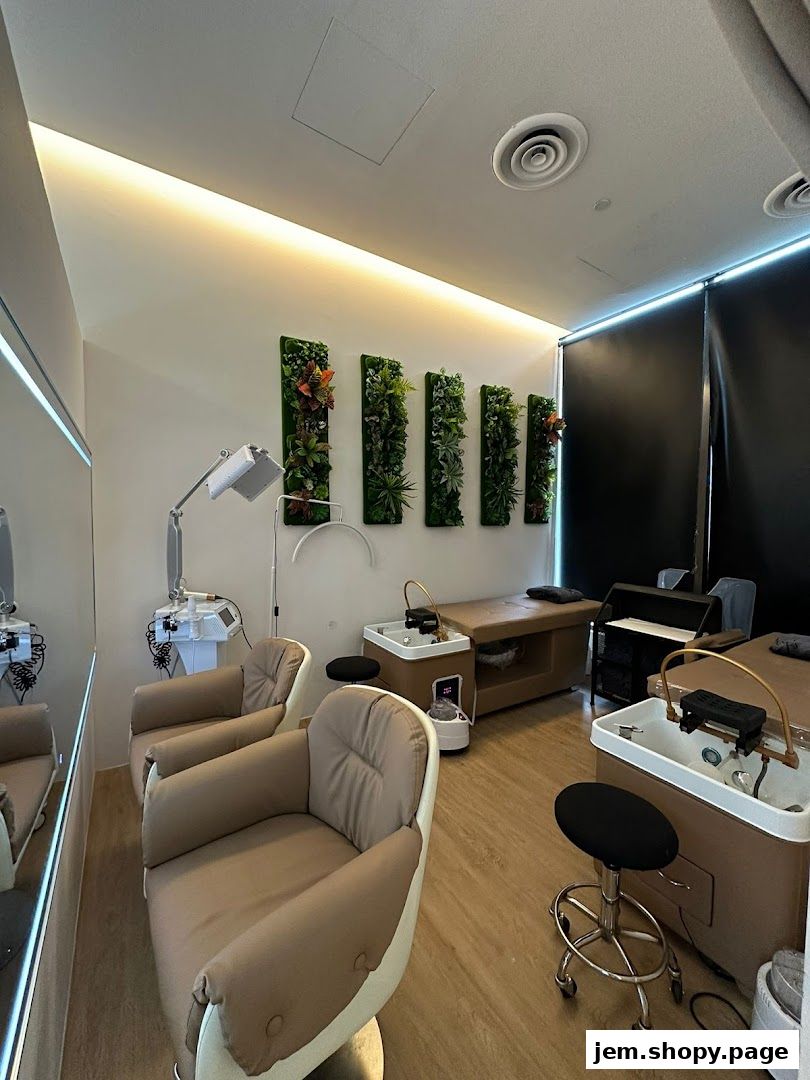 Interior of a modern spa with pedicure chairs, massage beds, and decorative plants.