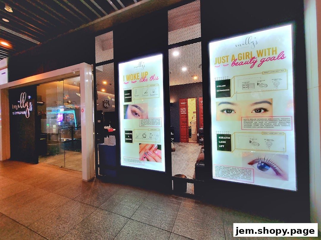 The exterior of Milly's beauty salon, showcasing services like eyelash extensions and manicures.
