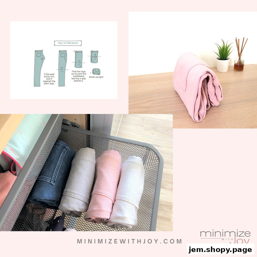 Collage showing how to fold pants and neatly stored folded pants.