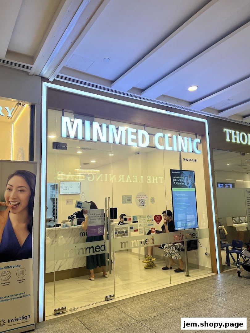 The exterior of Minmed Clinic Jurong East, a medical clinic with a glass storefront.