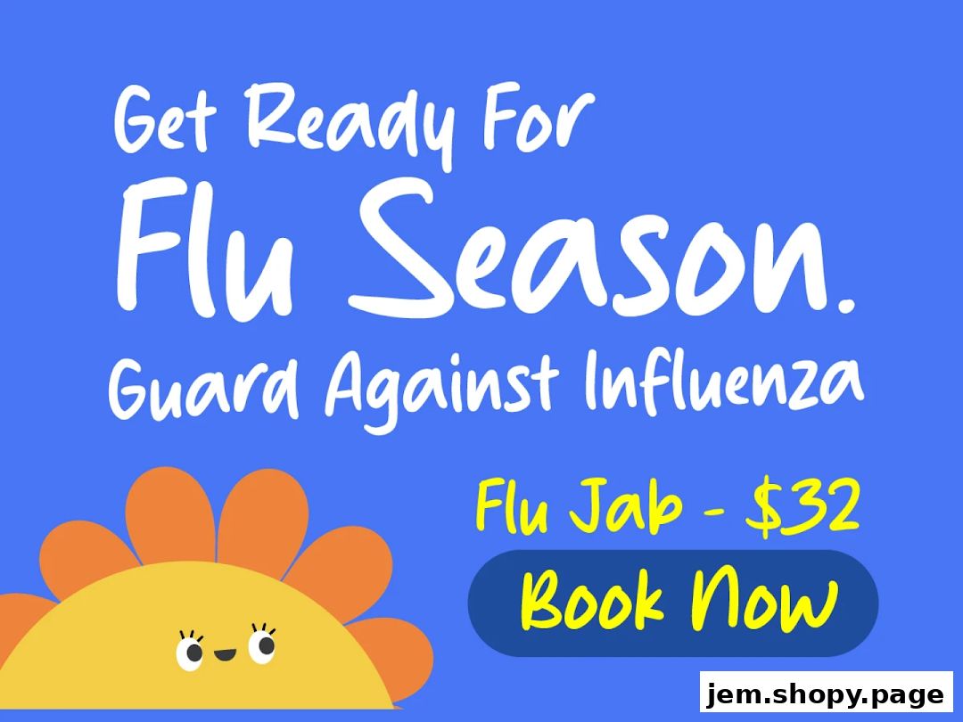 Advertisement for flu season, offering flu jabs at Minmed Clinic Jurong East.