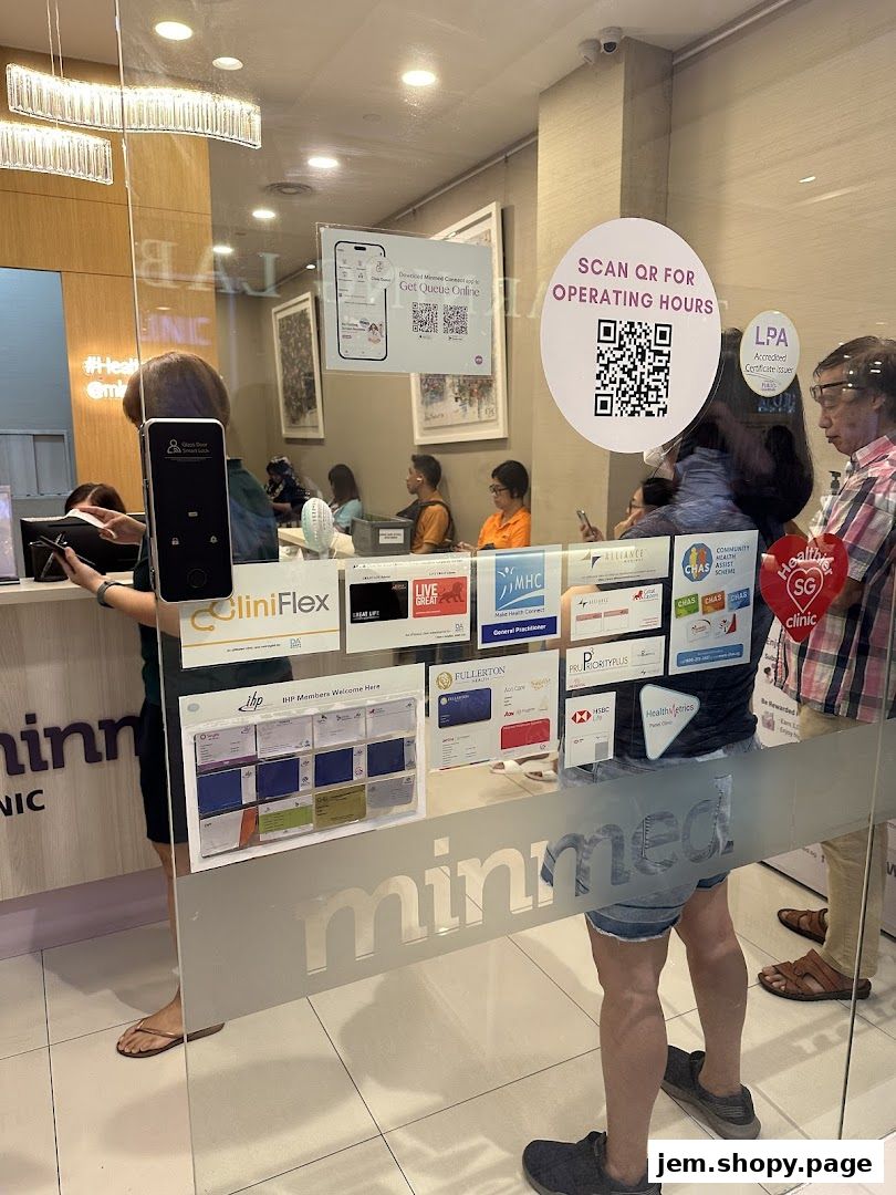 Entrance of Minmed Clinic Jurong East with signage and people waiting inside.
