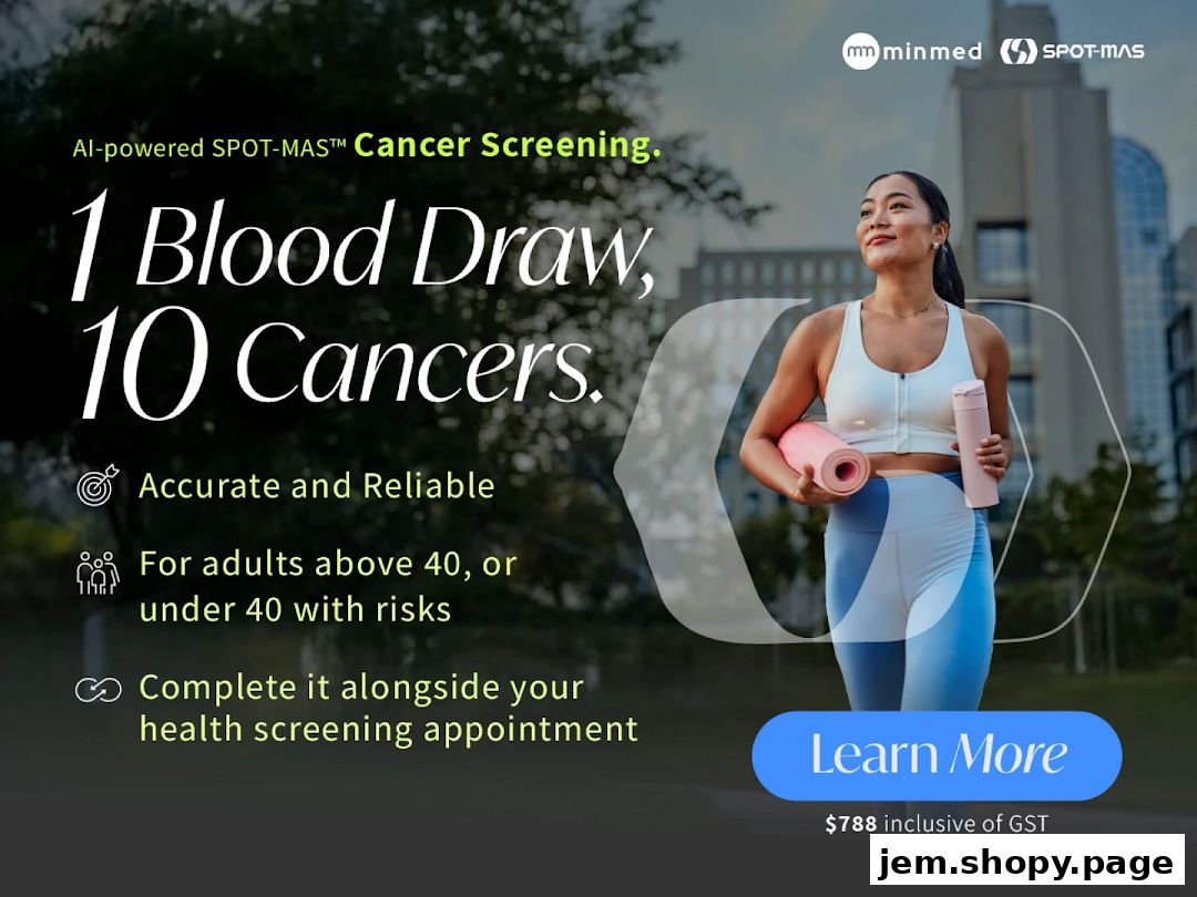 Advertisement for AI-powered cancer screening with one blood draw detecting 10 cancers.
