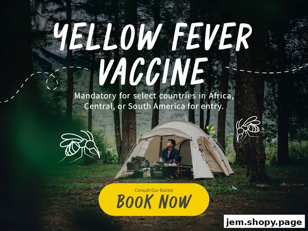 Advertisement for Yellow Fever Vaccine with a camping theme and booking call to action.