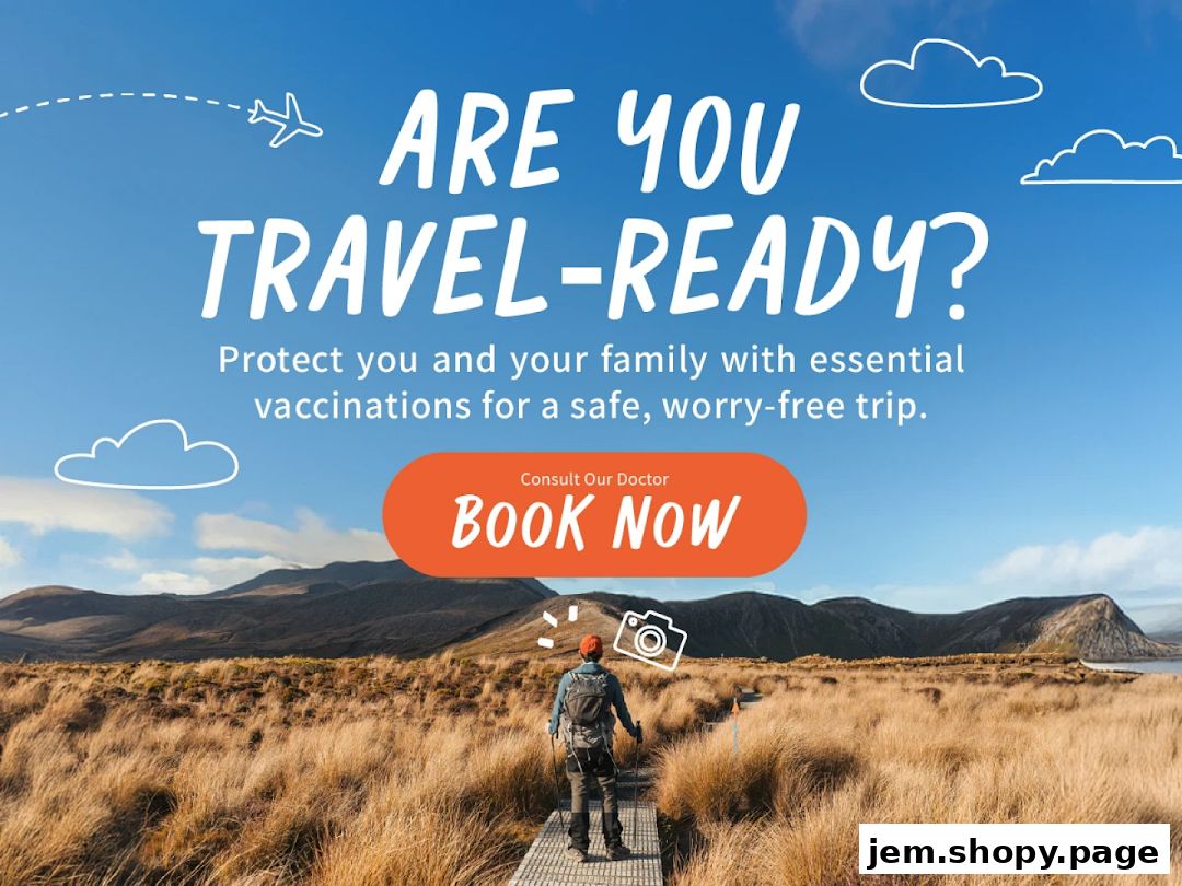 A graphic promoting travel vaccinations with a scenic landscape and a call to action.