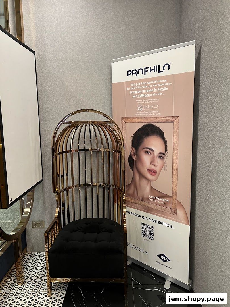 A decorative chair and a promotional banner for Profhilo aesthetic treatment.