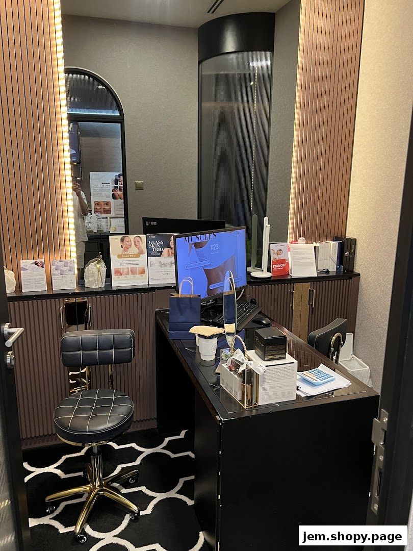 A reception desk area with a computer, chair, and promotional materials.