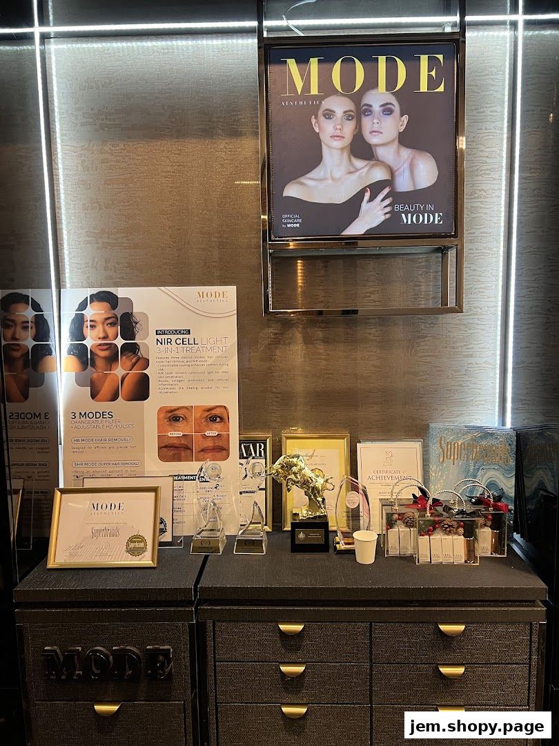 A display of awards, brochures, and products at MODE Aesthetics.