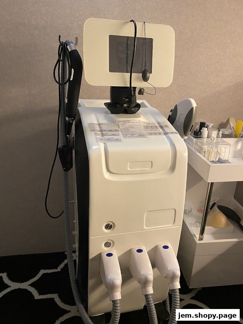 Aesthetic treatment machine with multiple handpieces and a display screen.