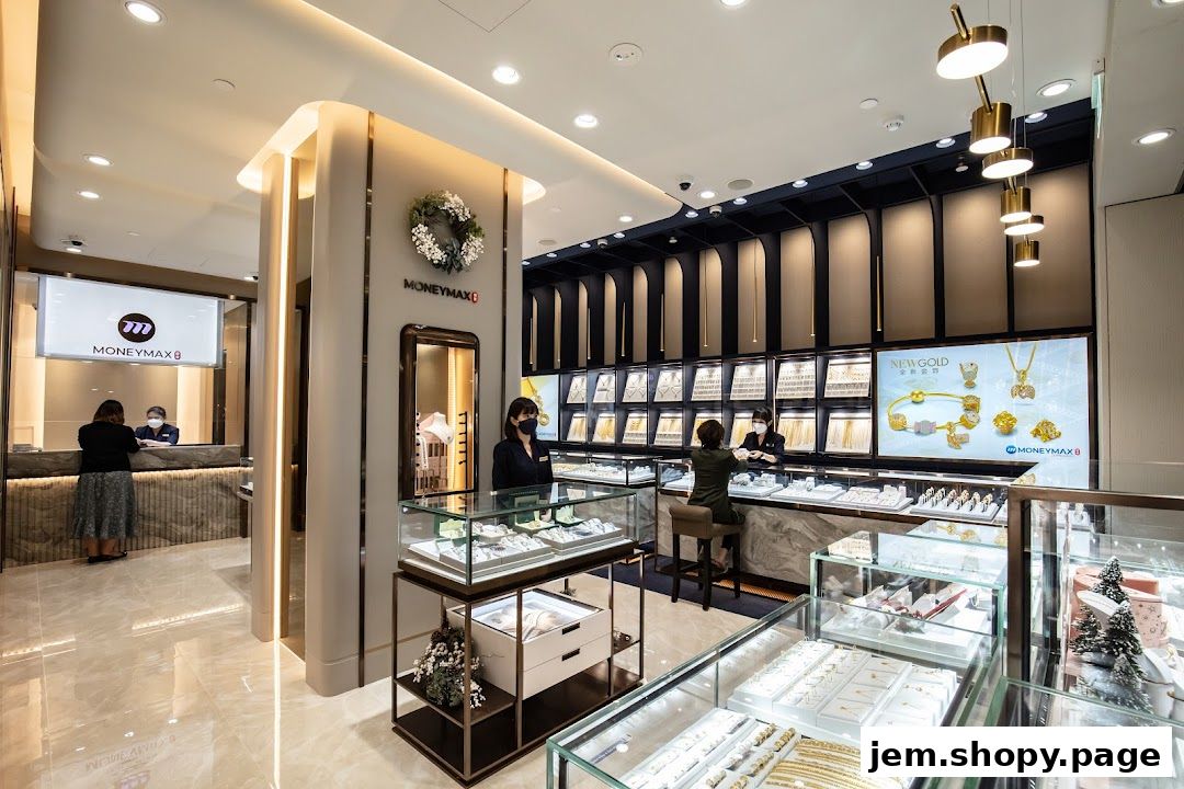 Interior view of MoneyMax Pawnshop showcasing jewelry displays and staff assisting customers.